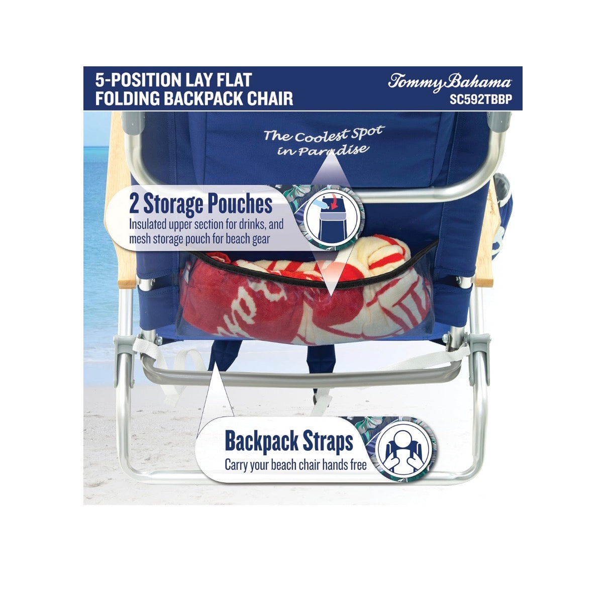 Tommy Bahama 2 Pack 5 Position Classic Lay Flat Backpack Beach Chair with Cooloer and Cup Holder, Portable Folding Beach Chair for Tanning (Red, White and Blue Color) (New in Box)