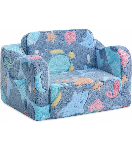Glowing Ocean Kids Chair Glow in the Dark 2-in-1 Kids Couch Folds Out to a Floor Seat, Sea Life Foam Sofa with Seahorse Starfish Shell print, Washable Cover (New in Box)
