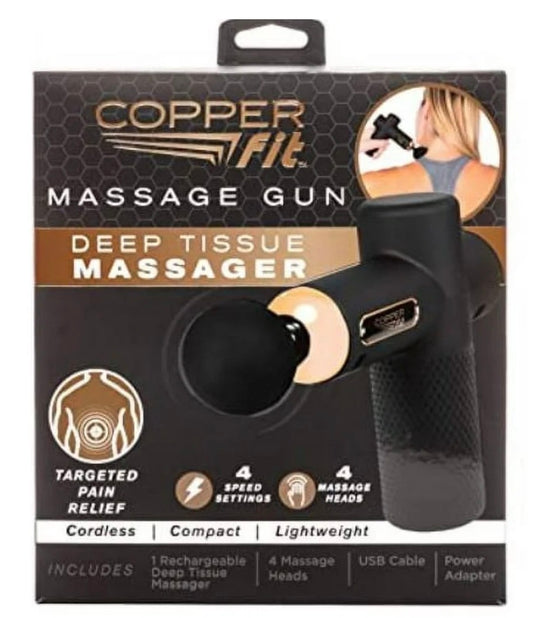 Copper Fit Percussion Massage Gun with 4 Attachments, Cordless, Rechargeable, Compact, Portable (Black) (New in Box)