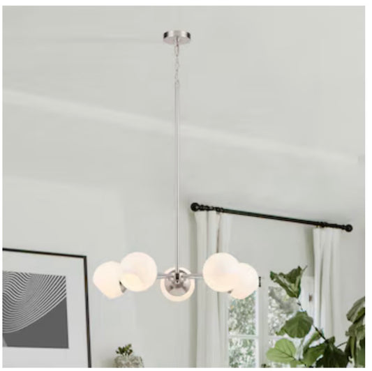 Origin 21 Cyprus 5 Light Brushed Nickel Opal Glass Steel Chandelier (New in Box)