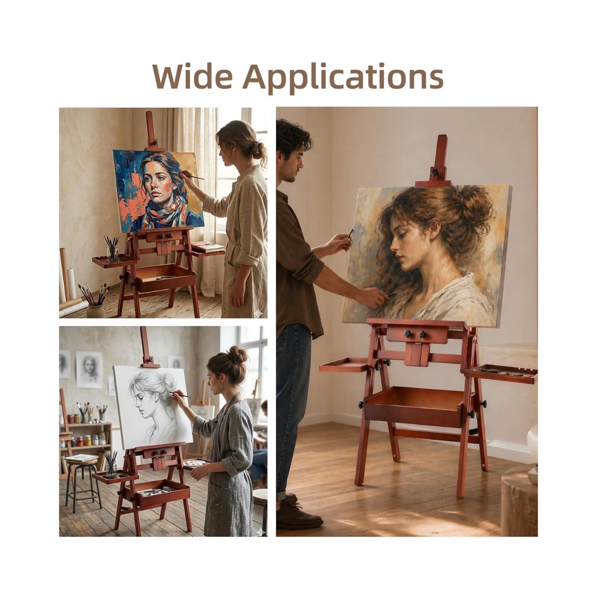 Horizontal Beechwood Studio Easel with Drawer and Palettes H-Frame Solid Wooden Painting Easel for Students, Beginners, and Artists, Hold Canvas up to 50 Inches High (Walnut) (New in Box)