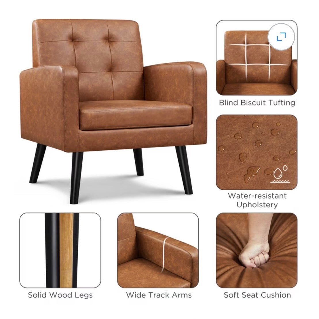 Yaheetech Modern Faux Leather Tufted Accent Chair, Retro Brown (New in Box)