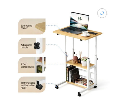 Portable rolling Desk on Wheels, Height Adjustable Desk with 2 Tier Storage Shelves, Standing Table for Office (Natural color) (New in Box)