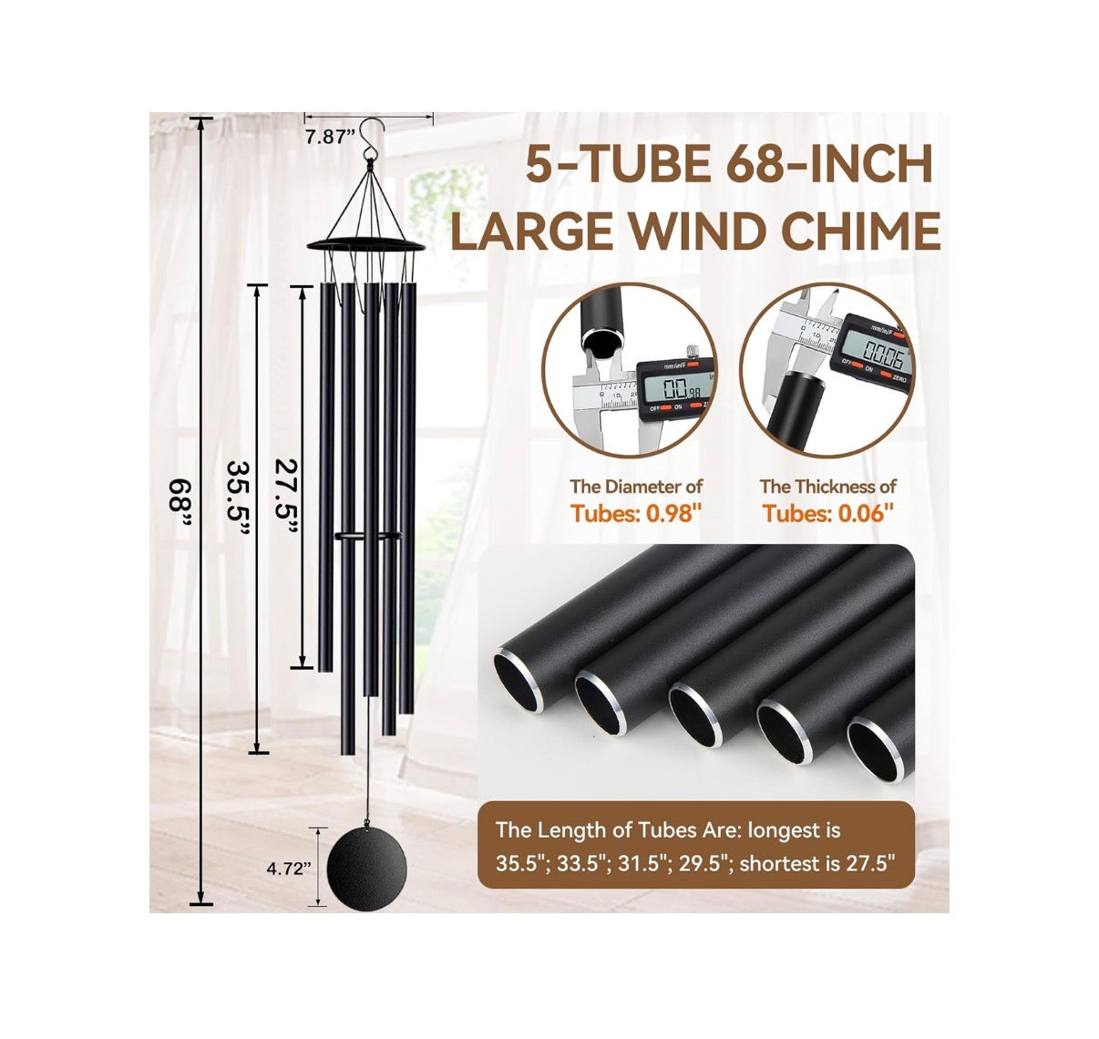 68 Inch Large Wind Chimes for Home Garden Decor, Deep Tone Wind Chines (Black) (New in Box)