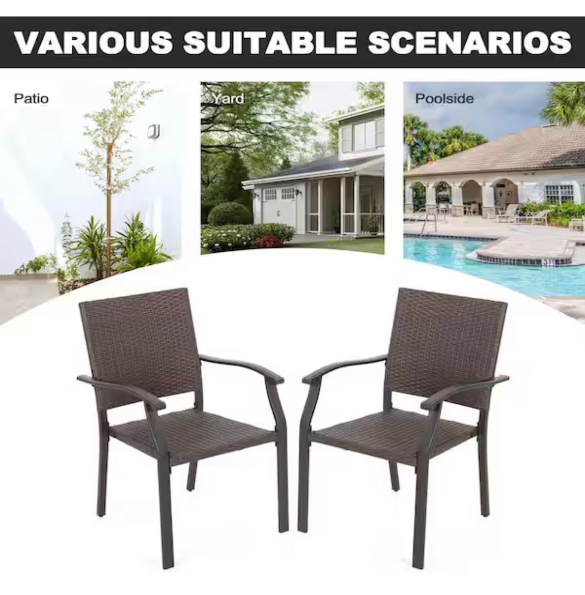 Black wicker and Iron Outdoor Dining Chairs with Powder Coated Finish (2-Pack)