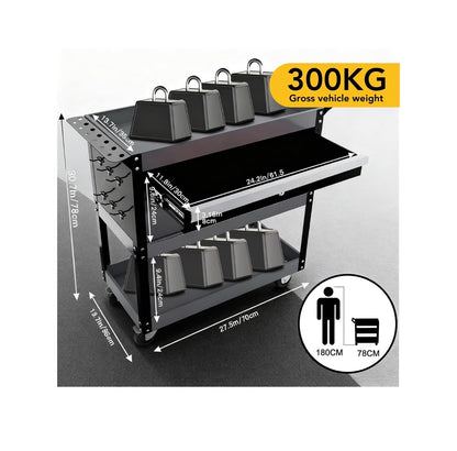 Tool Cart 27.5 Inch 3 Tier Tool Cart on Wheels, Utility Industrial Service Cart with drawers, Pegboard and Locking System, Suitable for Garage, Warehouse, Mechanic, 440lbs Load (Black) (New in Box)