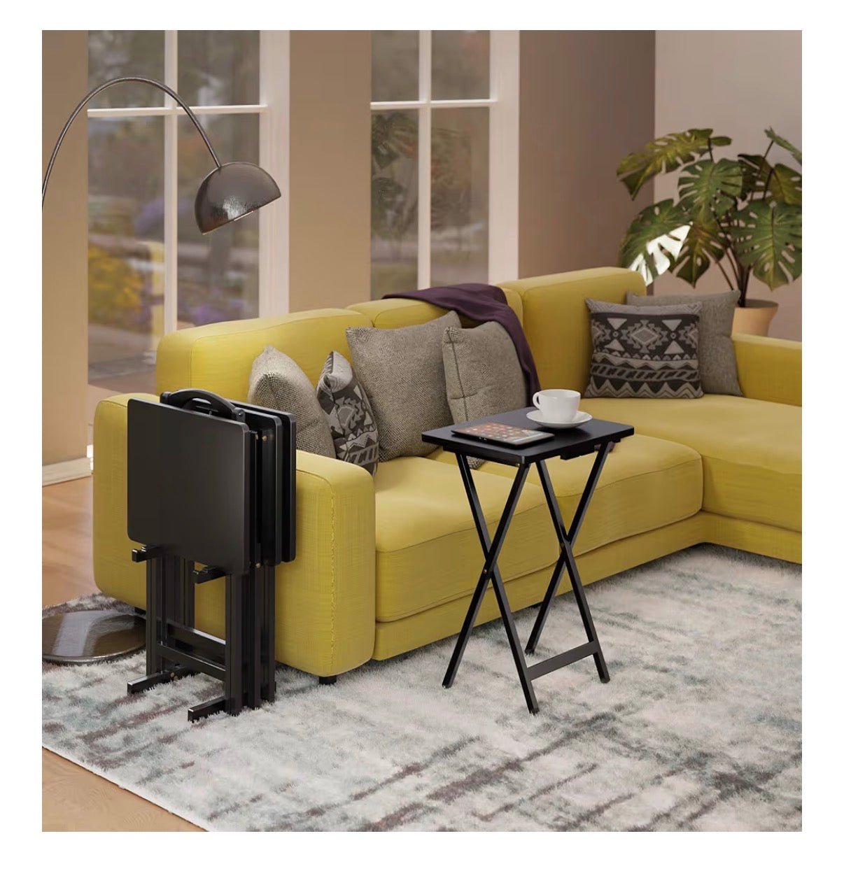 Winsome Alex Set of 4 Foldable Snack Tables with Storage Rack, Easy to Store Portable Fold Up Table Set for Kitchen, Living Room Tv Dining, Crafts, Puzzle, Work from Home 15"X19"X26" (Black)