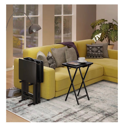 Winsome Alex Set of 4 Foldable Snack Tables with Storage Rack, Easy to Store Portable Fold Up Table Set for Kitchen, Living Room Tv Dining, Crafts, Puzzle, Work from Home 15"X19"X26" (Black)