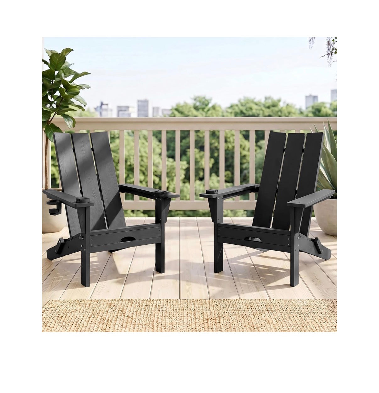 Folding Adirondack Chairs Set of 2, All Weather Outdoor Patio Chairs with Cup Holder and 360 Degrees Rotating Multifunctional Holder, Plastic Fire Pit Chairs for Backyard (Black) (New in Box)