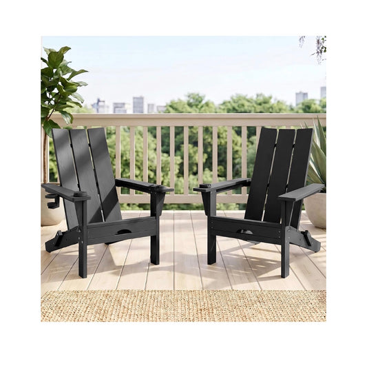 Folding Adirondack Chairs Set of 2, All Weather Outdoor Patio Chairs with Cup Holder and 360 Degrees Rotating Multifunctional Holder, Plastic Fire Pit Chairs for Backyard (Black) (New in Box)