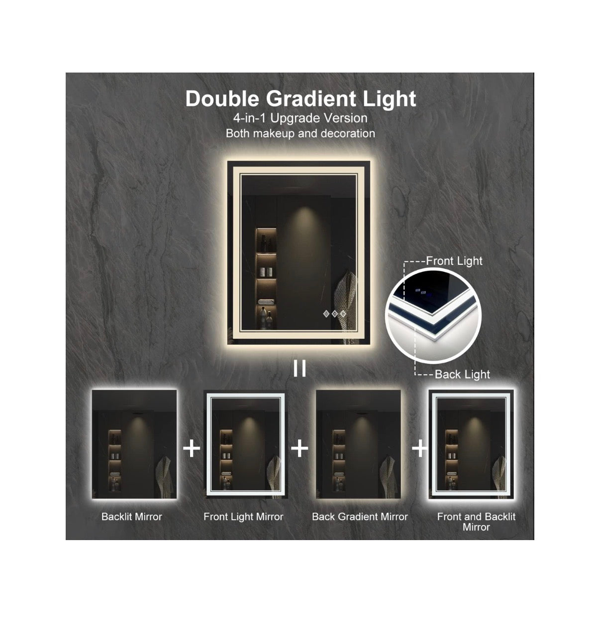 LED Bathroom Mirror 24 Inch X 32 Inch Vanity Mirror with Lights Gradient Front and Backlit Bathroom Mirror with Lights, 3 colors Dimmable CRI>90, IP54 Enhanced Anti-Fog (New in Box)