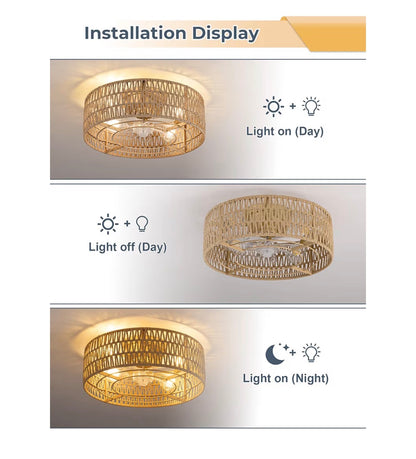 Boho Caged Flush Mount Ceiling Fan with Lights and Remote Control Hand Woven Rattan Chandelier with 6 Speeds Reversible and Timer Enclosed Design for Living Room, Bedroom, or Dining Room (New in Box) (Gold)