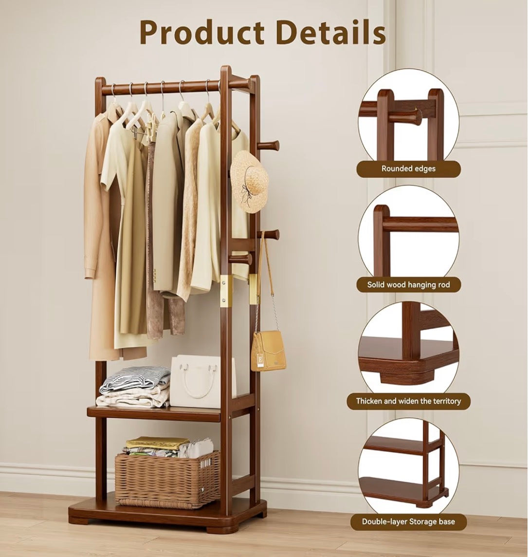 Coat Rack Solid Wood Clothes Rack with Two Shelves & Four Hooks for Hanging Clothes, Garments, and Hats