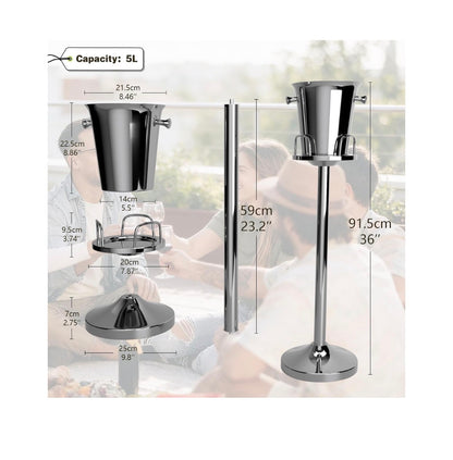 Champagne Bucket with Stand, Standing Ice Buckets 5L Wine Bucket Stand with Handles, Stainless Steel Standing Champagne Buckets Pedestal for Bar, KTV, Hotel, Party, or Gathering (New in Box)