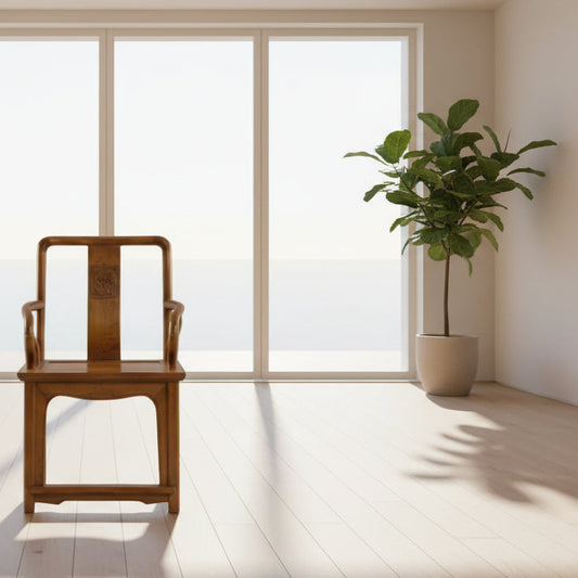 Chinese Qing Dynasty Elmwood Armchair with Hand-Carved Medallion
