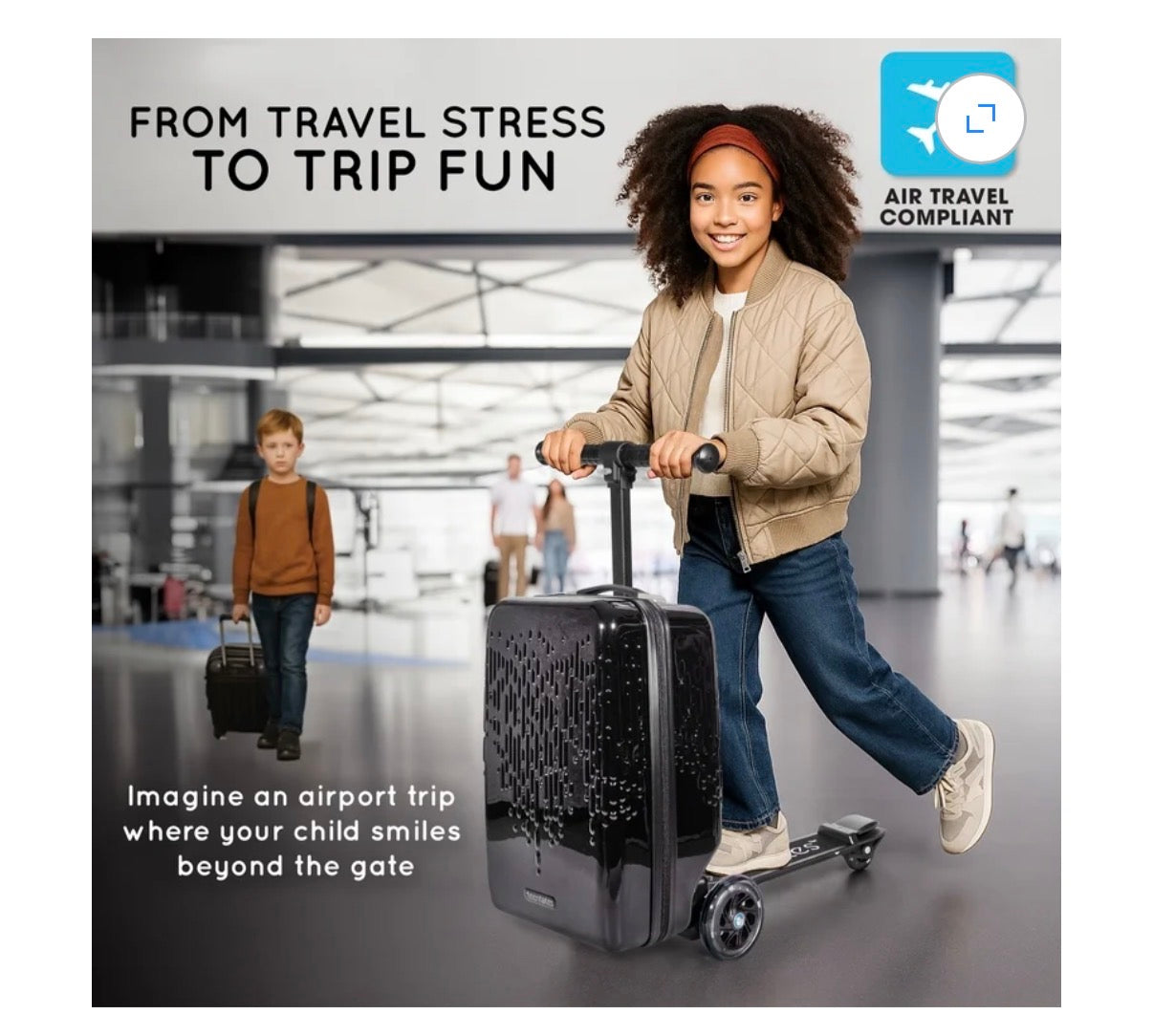 TeenTotes 4-in-1 Kids Scooter Luggage Detachable Ride-On Suitcase & Carry-On Luggage Folding Travel Scooter with Adjustable Handlebar & Brake (Black) (New in Box)