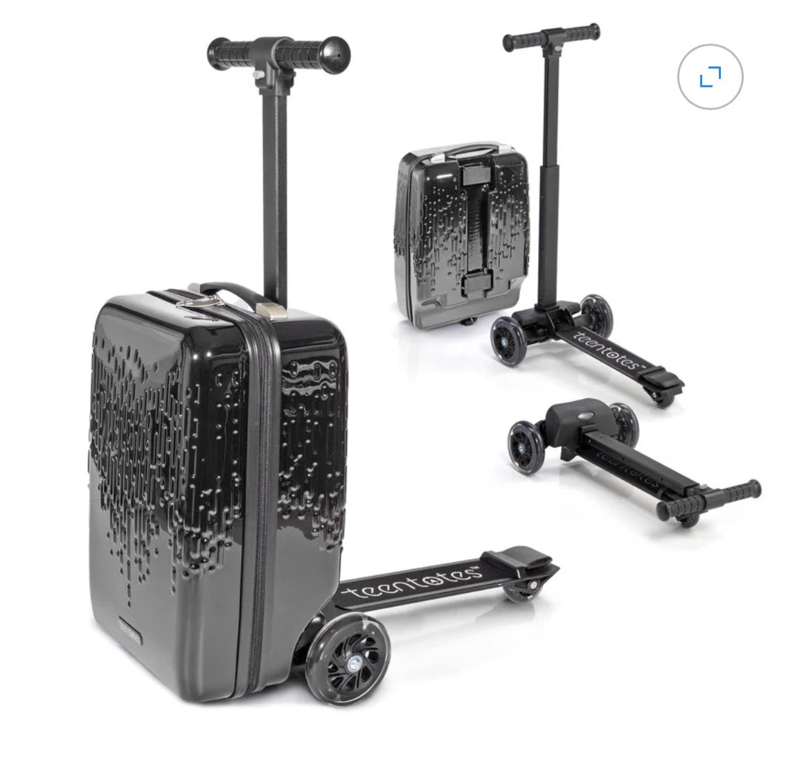 TeenTotes 4-in-1 Kids Scooter Luggage Detachable Ride-On Suitcase & Carry-On Luggage Folding Travel Scooter with Adjustable Handlebar & Brake (Black) (New in Box)