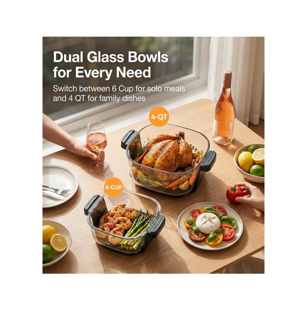 5-in-1 Glass Air Fryer for Zero-Oil Healthy Cooking, Space Saving 1500W Countertop Cooker with 4 QT 6 Cup Glass Bowl, Non-ToxicSafe & Dishwasher Friendly for Small & Large Family Meals (Gray) (New in Box)