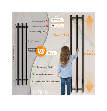 Smart Heated Towel Rack, Wall Mounted Vertical Electric Towel Warmer Rack 220W WiFi App Control & LED Touch Screen, Adjustable Temp & 24 Hour Timer (Black) (New in Box)
