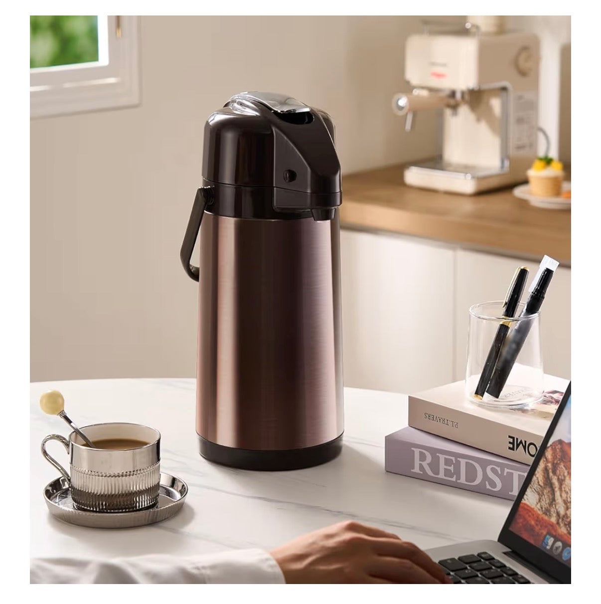 Paracity Airpot Coffee Carafe with Double Pump Stainless Steel Drink Dispencer for Hot/Cold Beverages