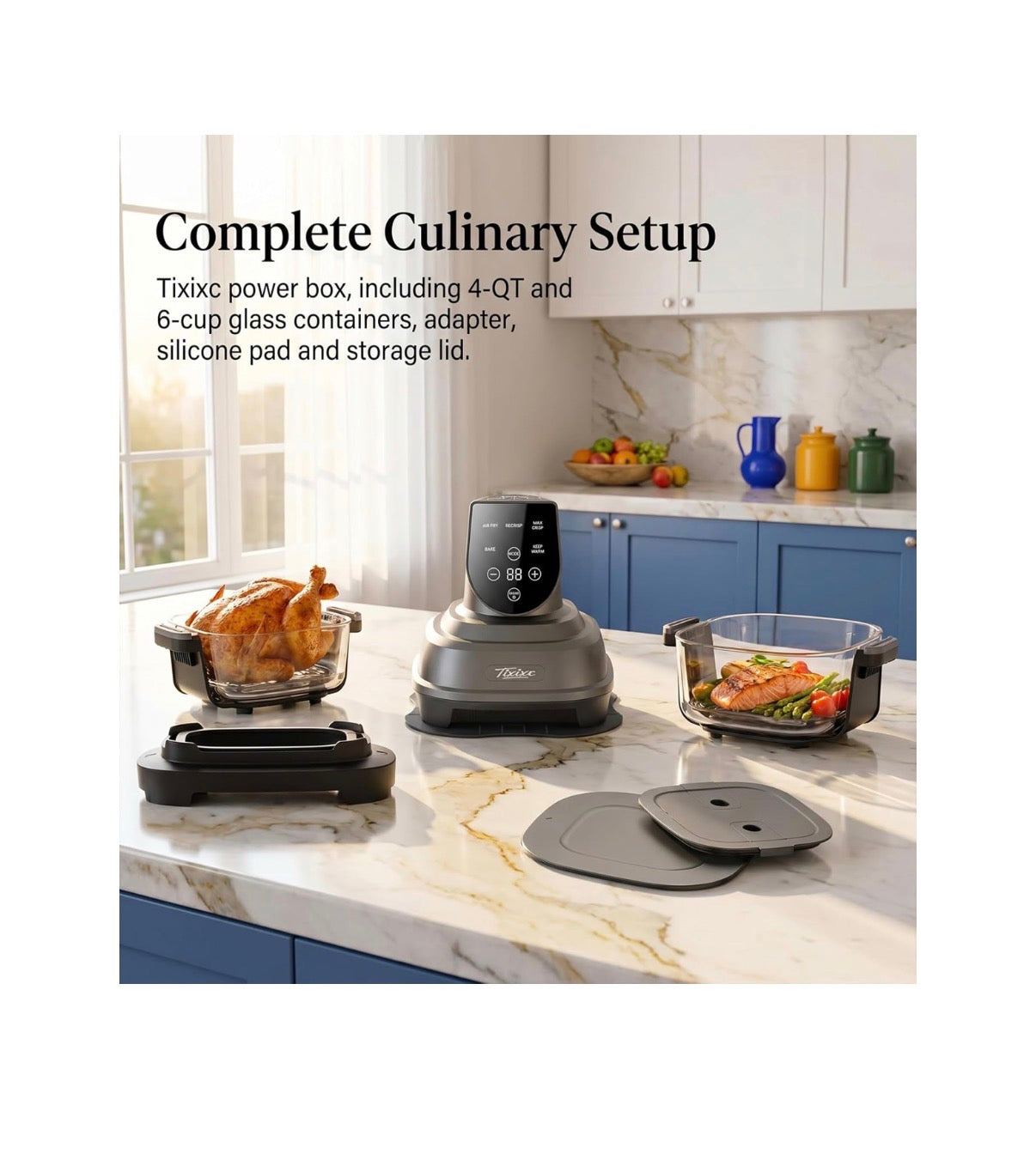 5-in-1 Glass Air Fryer for Zero-Oil Healthy Cooking, Space Saving 1500W Countertop Cooker with 4 QT 6 Cup Glass Bowl, Non-ToxicSafe & Dishwasher Friendly for Small & Large Family Meals (Gray) (New in Box)