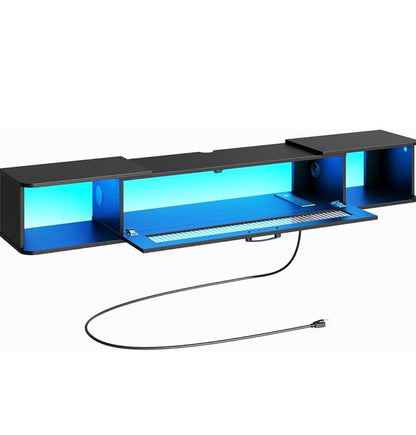 Floating Tv Stand with LED Light Power Outlet for TVs Up to 65 Inch Wall mounted TV Shelf, Modern Media Console Entertainment Center Under TV, for Living Room Bedroom (Black) (New in Box)