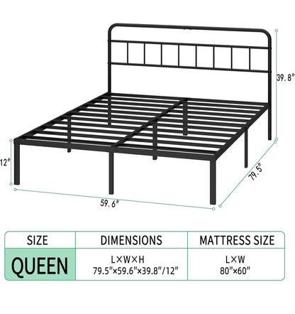 Queen Bed Frame with Classic Headboard, Strong Metal Slats Support, Under Bed Storage Space, No Box Spring Needed, Easy to Assemble (Black) (New in Box)