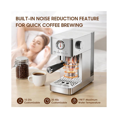 Espresso Machine 20 Bar with Milk Frother, Stainless Steel 47 oz Water Tank, Warm Cup & Auto Shut Off (Silver) (New in Box)