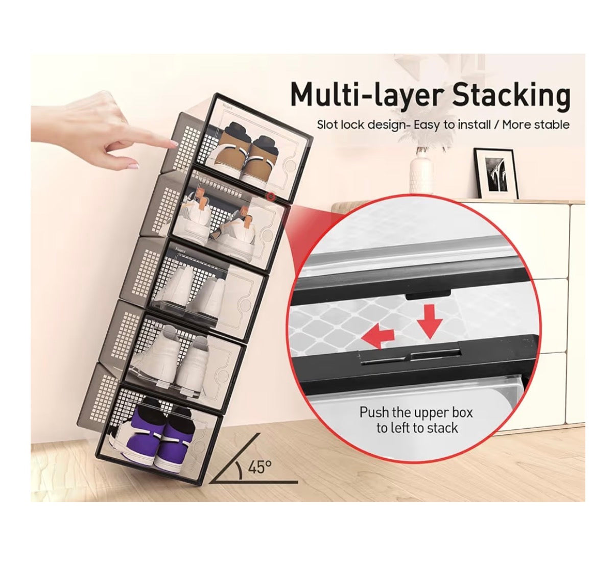 X-Large Shoe Storage Boxes Organizers Clear Plastic Stackable 12 Pack, Shoe Rack & Holder Substitute, Sneaker Containers, Toy Storage Organizer Bins for Entryway, Closet, and Under Bed (Black)