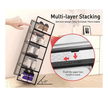 X-Large Shoe Storage Boxes Organizers Clear Plastic Stackable 12 Pack, Shoe Rack & Holder Substitute, Sneaker Containers, Toy Storage Organizer Bins for Entryway, Closet, and Under Bed (Black)