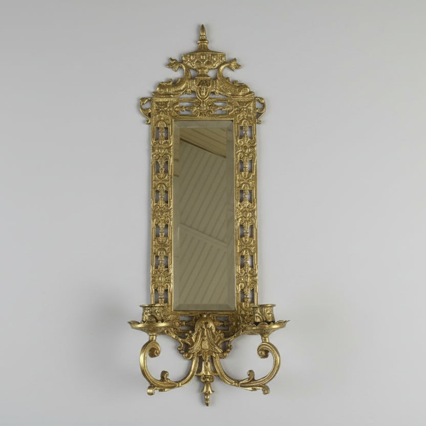 Pair of 19th Century Renaissance Revival Style Brass Dolphin Mirrored Wall Sconces