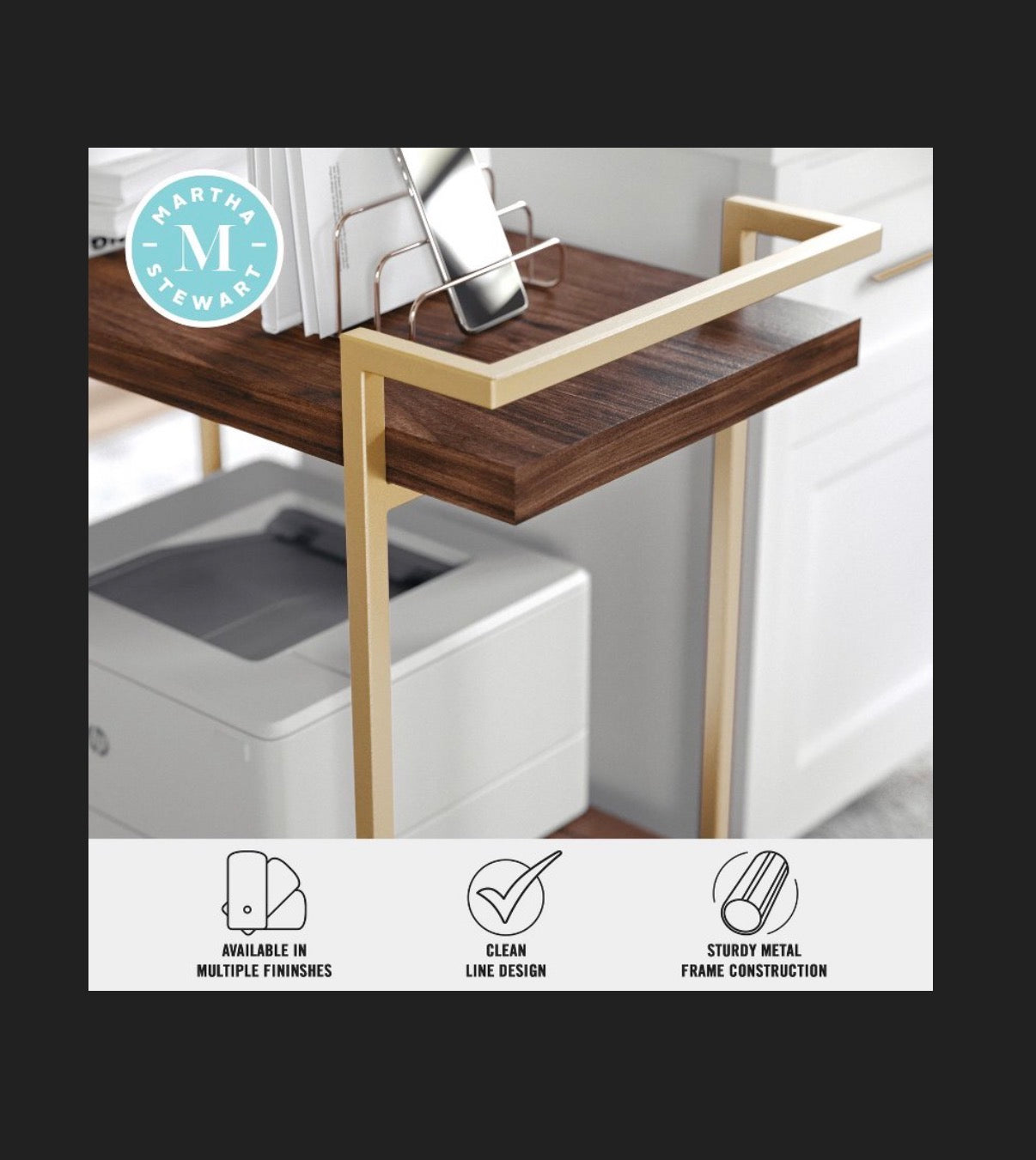 Martha Stewart 2 Tier Walnut Mobile Wood Grain Office Storage and Printer Cart with Polished Brass Frame (New in Box) (Assembly Required)