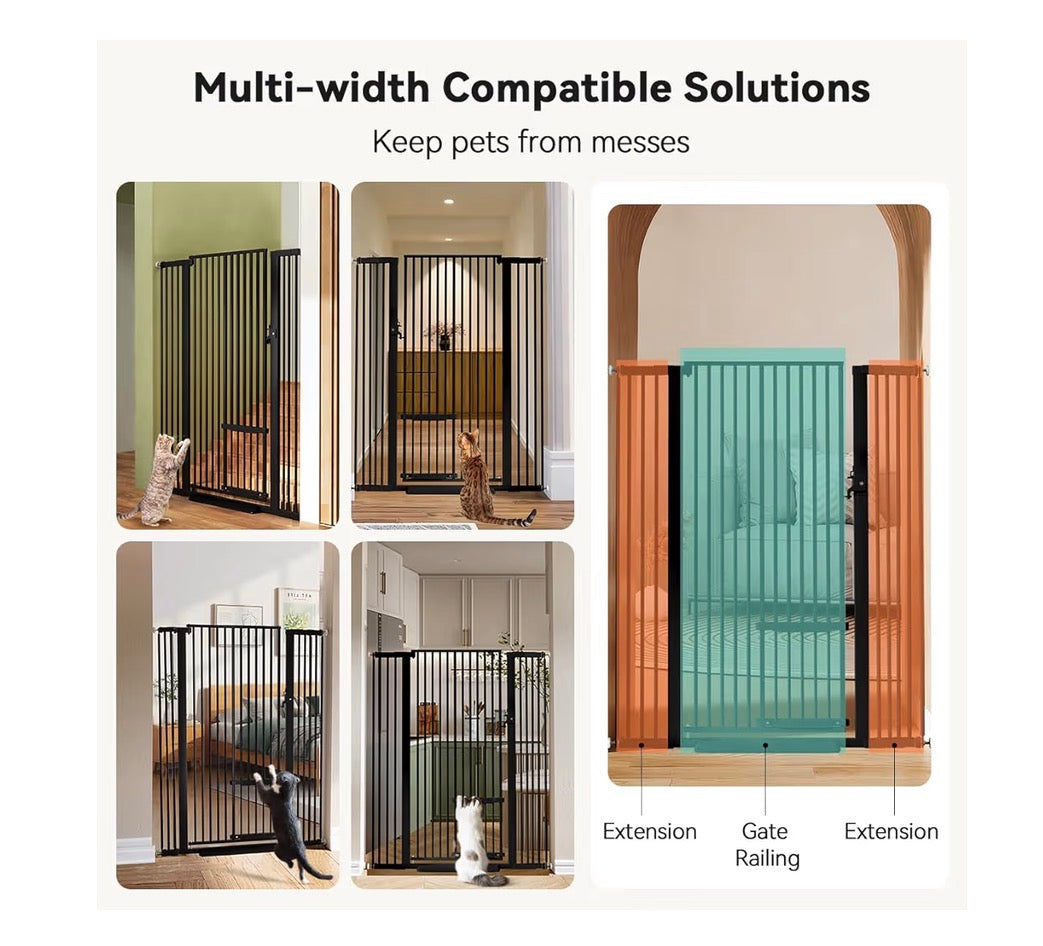 Comomy 55.1 Inch Extra Tall Pet Gate for Cats, 29.5-43 Inches Extra Wide Cate Gate with Adjustable Cat Door, Pressure Mounted Easy Walk Through Pet Gate with Door for Stairs, Doorways, Kitchen (Black) (New in Box)