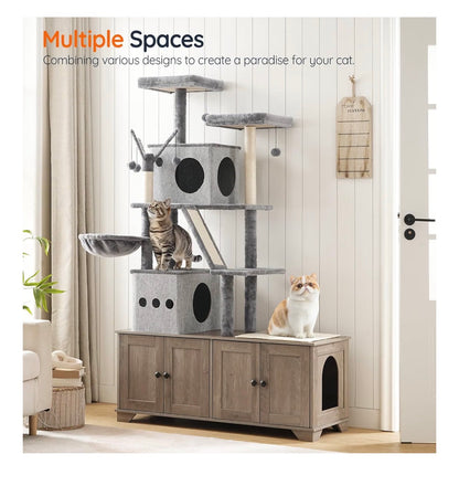 Double Litter Box Enclosure with Cat Tree, 45.3 Inch Length X 17.7 Inch Width X 68.9 Inch Height All in One Modern Cat Tower with Bed, Hidden Litter Box Enclosure Furniture, with Hammock (Geige) (New in Box)