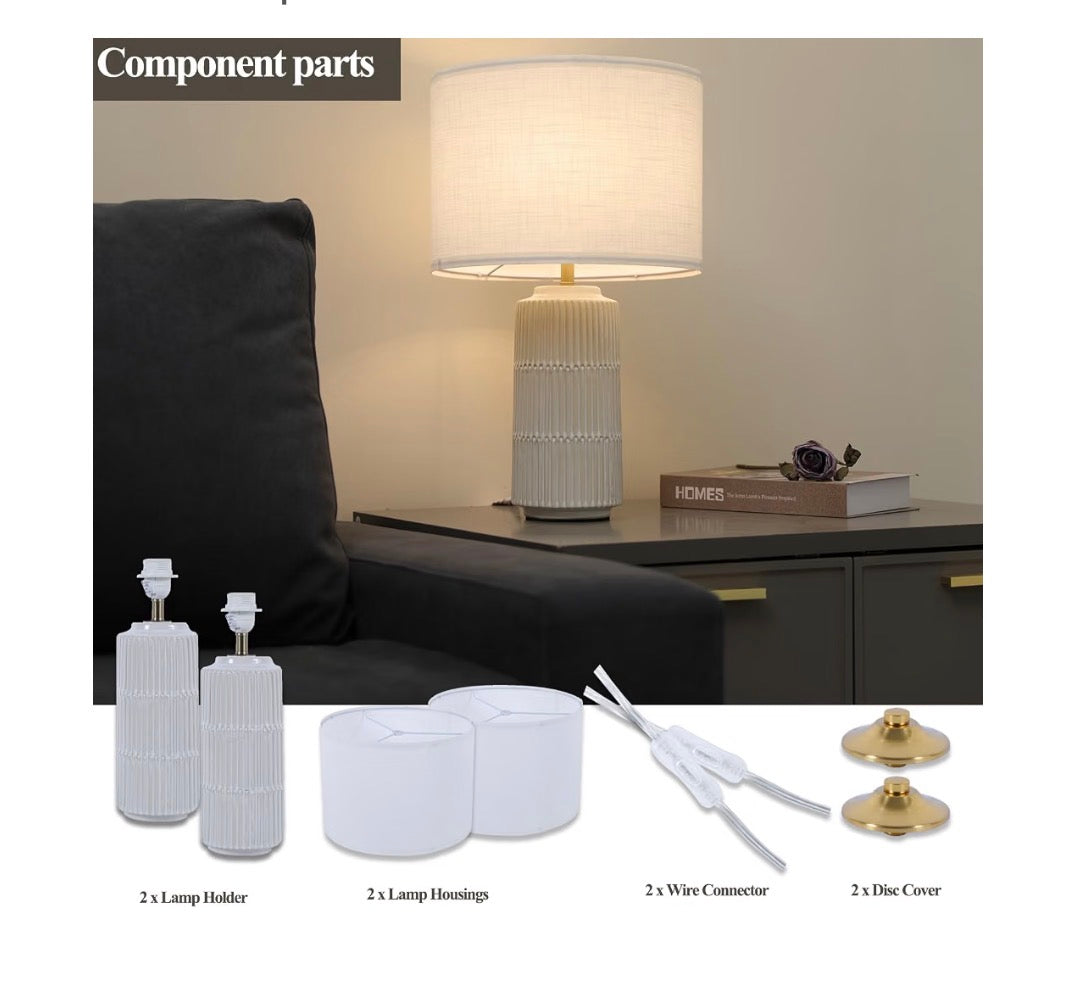 Table Lamps Set of 2 White Ceramic with White Fabric Shade foe Bedroom, Livingroom, Nightstand, Cylindrical High End Modern Farmhouse Lamp (New in Box)