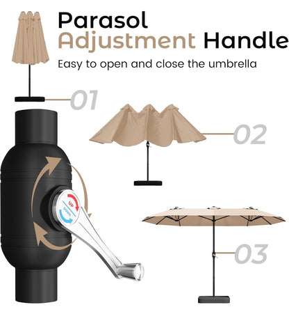 15 Ft. Patio Umbrella with Base, Large Double Sided Retangular Umbrella Triple Head Umbrella with Crank Handle, Market Umbrella for Poolside, Garden, Deck, Backyard, Beach (Beige) (New in Box)