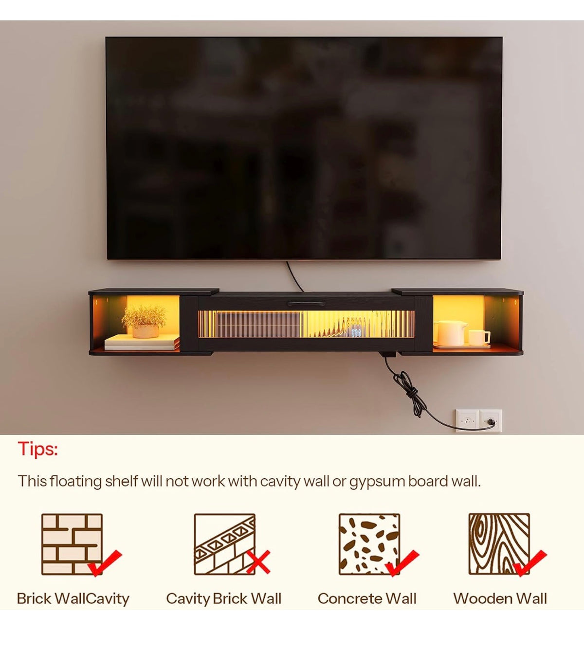 Floating Tv Stand with LED Light Power Outlet for TVs Up to 65 Inch Wall mounted TV Shelf, Modern Media Console Entertainment Center Under TV, for Living Room Bedroom (Black) (New in Box)