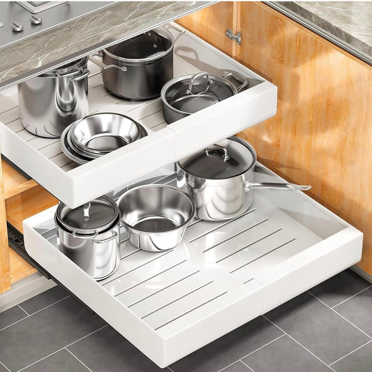 Pull Out Cabinet Organizer, Wider Expandable 14 Inch - 24 Inch Heavy Duty Slide Out Drawers Fixed with Adhesive Nano Film for Pots, Roll Out Shelf Storage for Kitchen Cabinet Organization (Whie 2pcs (3 Rails) (New in Box)