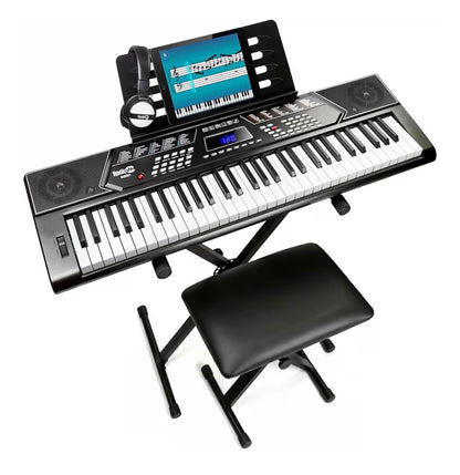 RockJam 61 Key Keyboard Piano Kit with Stand, Bench & Headphones Beginner Electric Keyboard Piano Set with Pitch Bend, LED Panel, Simply Piano Lessons and Note Stickers, All Included (New in Box)