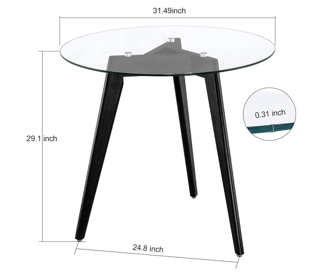 Round Glass Dining Table for 2-4 People, 31.5 Inch Modern Circle Kitchen Table with Wood Legs for Dining Room, Living Room or Restaurant, Space Saving (Black) (New in Box)