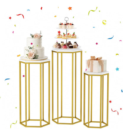Urban Deco Cylinder Stand for Party, Set of 3 Gold Hexagon Pedestal Stands Metal Cylinder Pedestal Stand with Wooden Marble-Look Top, for Wedding, Party, Party (New in Box)