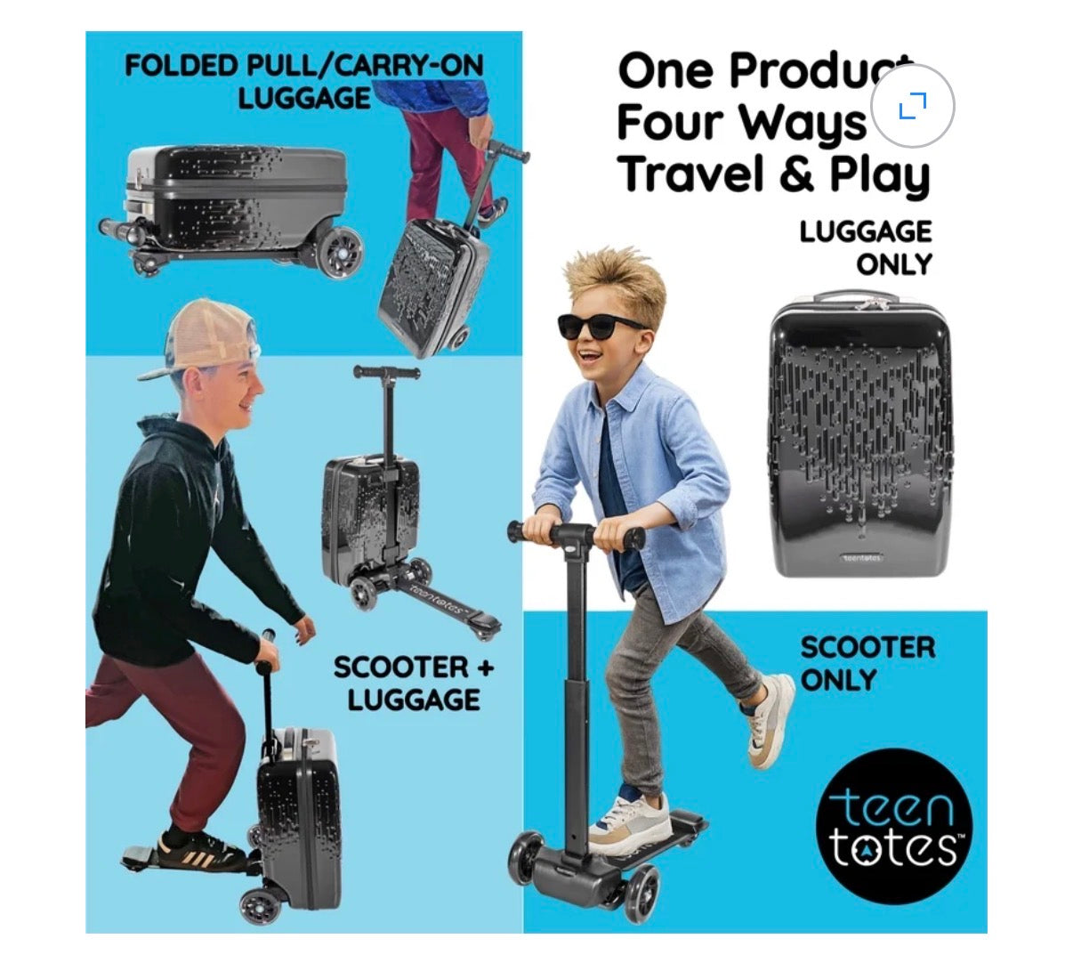 TeenTotes 4-in-1 Kids Scooter Luggage Detachable Ride-On Suitcase & Carry-On Luggage Folding Travel Scooter with Adjustable Handlebar & Brake (Black) (New in Box)