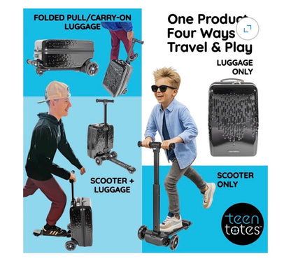 TeenTotes 4-in-1 Kids Scooter Luggage Detachable Ride-On Suitcase & Carry-On Luggage Folding Travel Scooter with Adjustable Handlebar & Brake (Black) (New in Box)