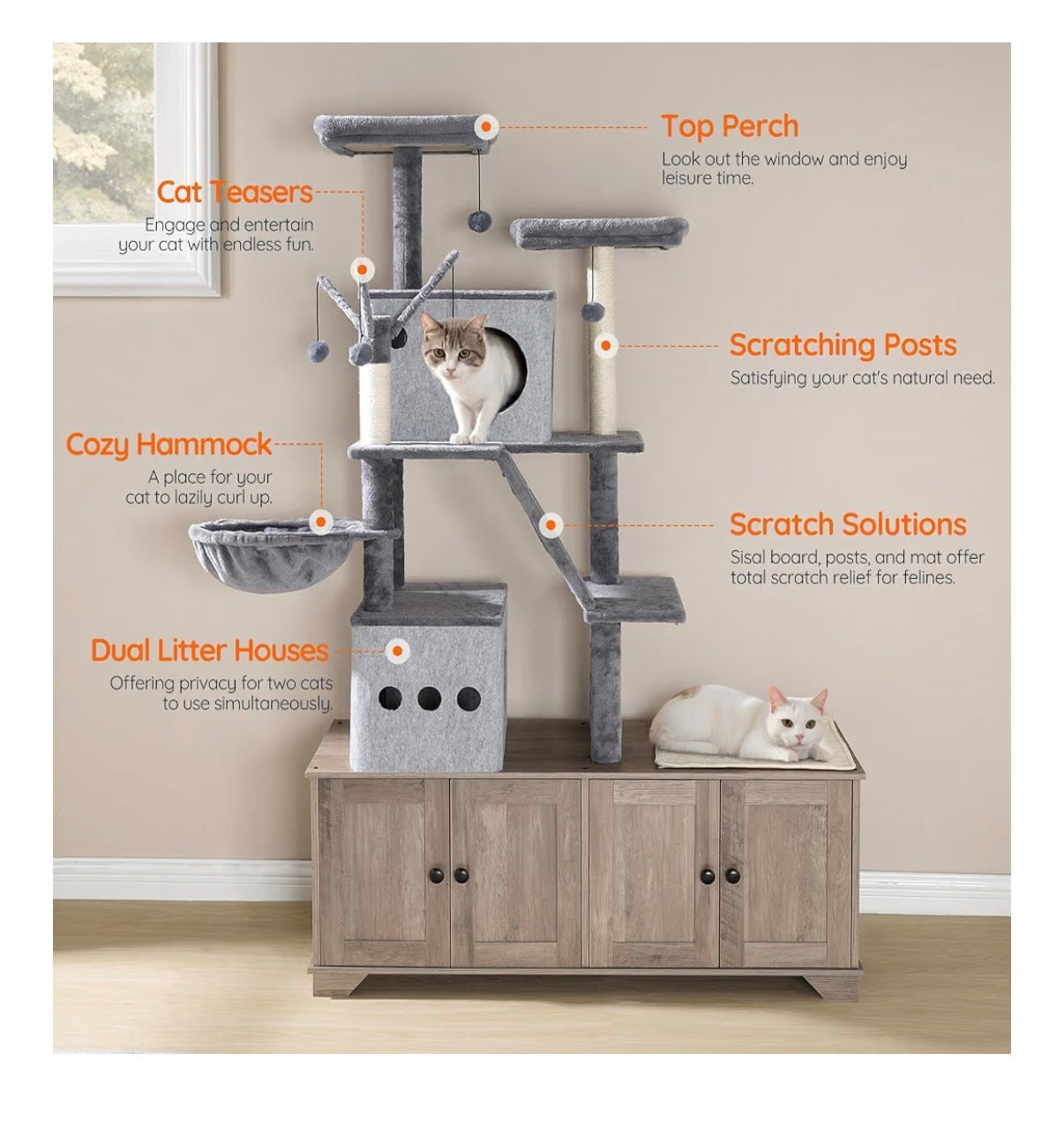 Double Litter Box Enclosure with Cat Tree, 45.3 Inch Length X 17.7 Inch Width X 68.9 Inch Height All in One Modern Cat Tower with Bed, Hidden Litter Box Enclosure Furniture, with Hammock (Geige) (New in Box)