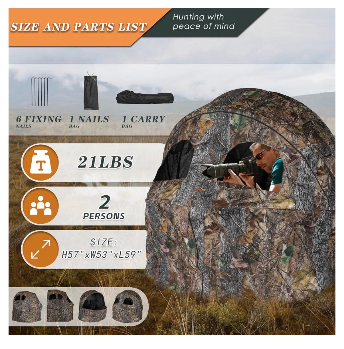 Hunting Chair Blind, 1/2 Man See Through Ground Blind, Camo Tent Built-In Chair, Portable Blind, One Way See Through, 1/2 Person, Camouflage with Carrying Bag, Hunting Blind, Hunting Gear (New in Box)