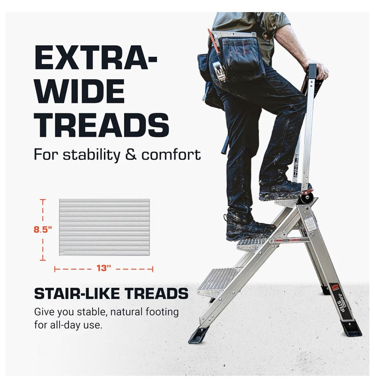 Little Giant Jumbo Step 3-Step Foldable 2.2 Ft. Aluminum Stool Foldable Aluminum Step Stool, Extra-Wide Stair Like Treads, Rotating Handrail, Tool Tray, 375 lbs. Weight Capacity (New in Box)