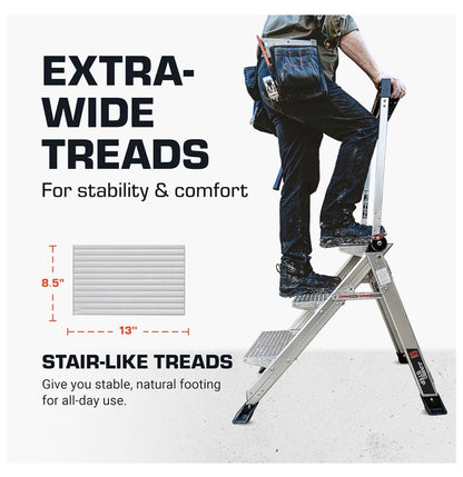 Little Giant Jumbo Step 3-Step Foldable 2.2 Ft. Aluminum Stool Foldable Aluminum Step Stool, Extra-Wide Stair Like Treads, Rotating Handrail, Tool Tray, 375 lbs. Weight Capacity (New in Box)