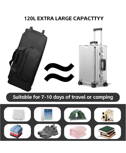 120L 3 Wheel Rolling Duffle Bag Heavy Duty Military Deployment Bag, Durable Wheeled Duffle Luggage for Travel, Camping & Outdoor Adventures Black (New in Package)