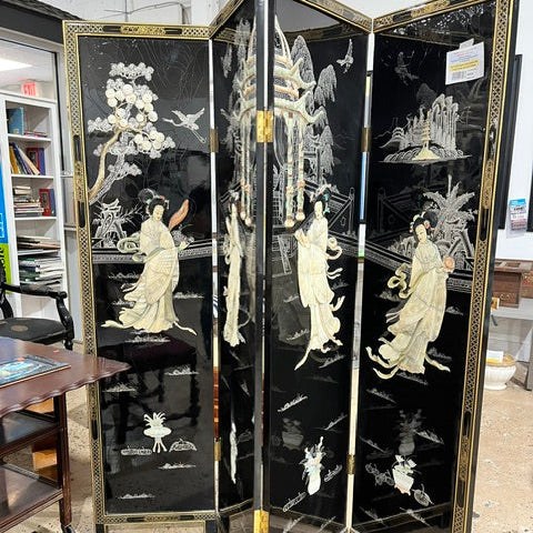 Vintage Four-Panel Chinese Black Lacquer Mother of Pearl Divider Screen