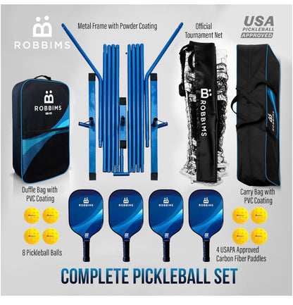 Pickleball Set with Net 4 USA Pickleball Approved Carbon Fiber Paddles, Portable Regulation size Net System, 8 Outdoor Balls, Duffle Bag & Carry Bag (New in Box)
